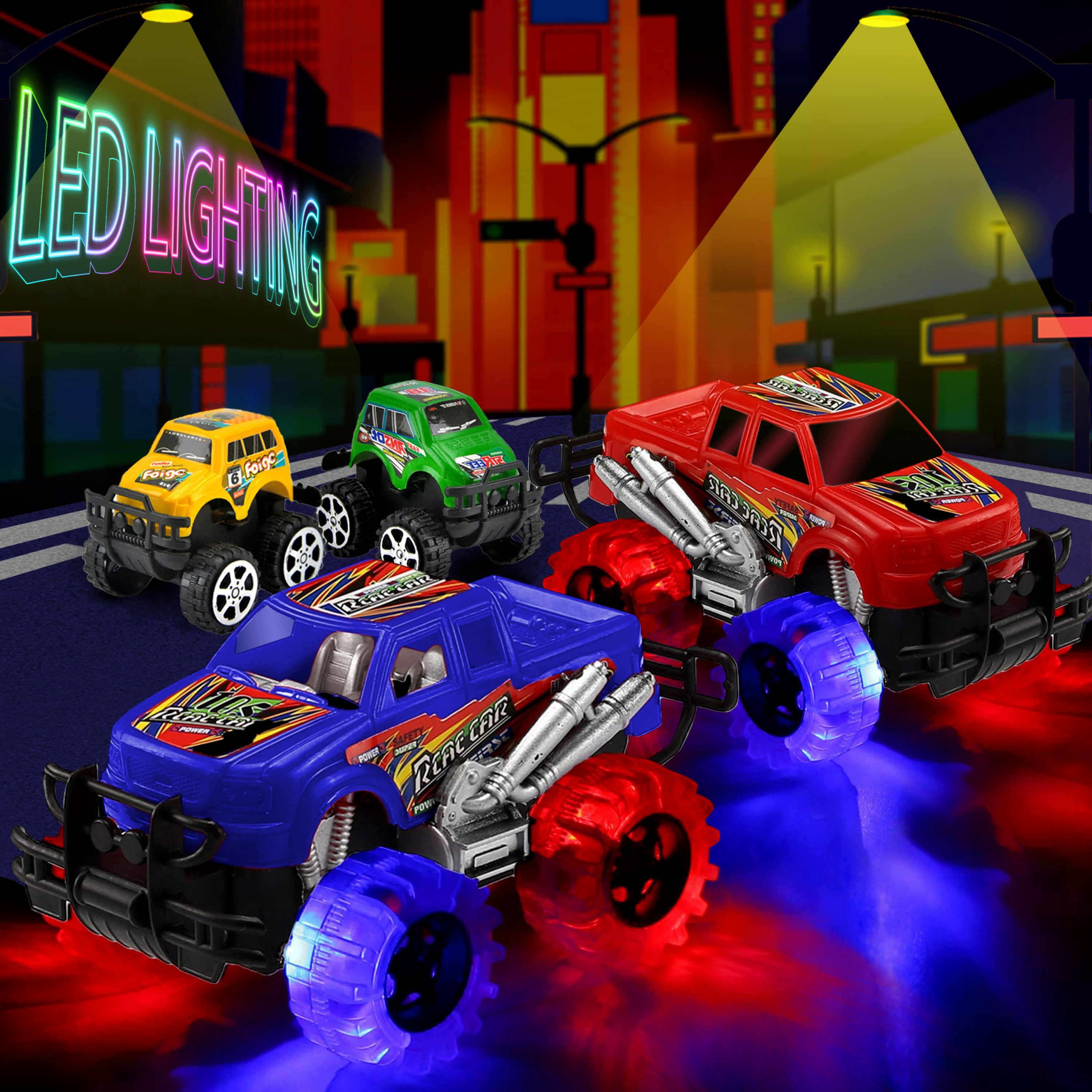 JoyX 4 Pack Light Up Monster Truck Car Toy with LED Tires