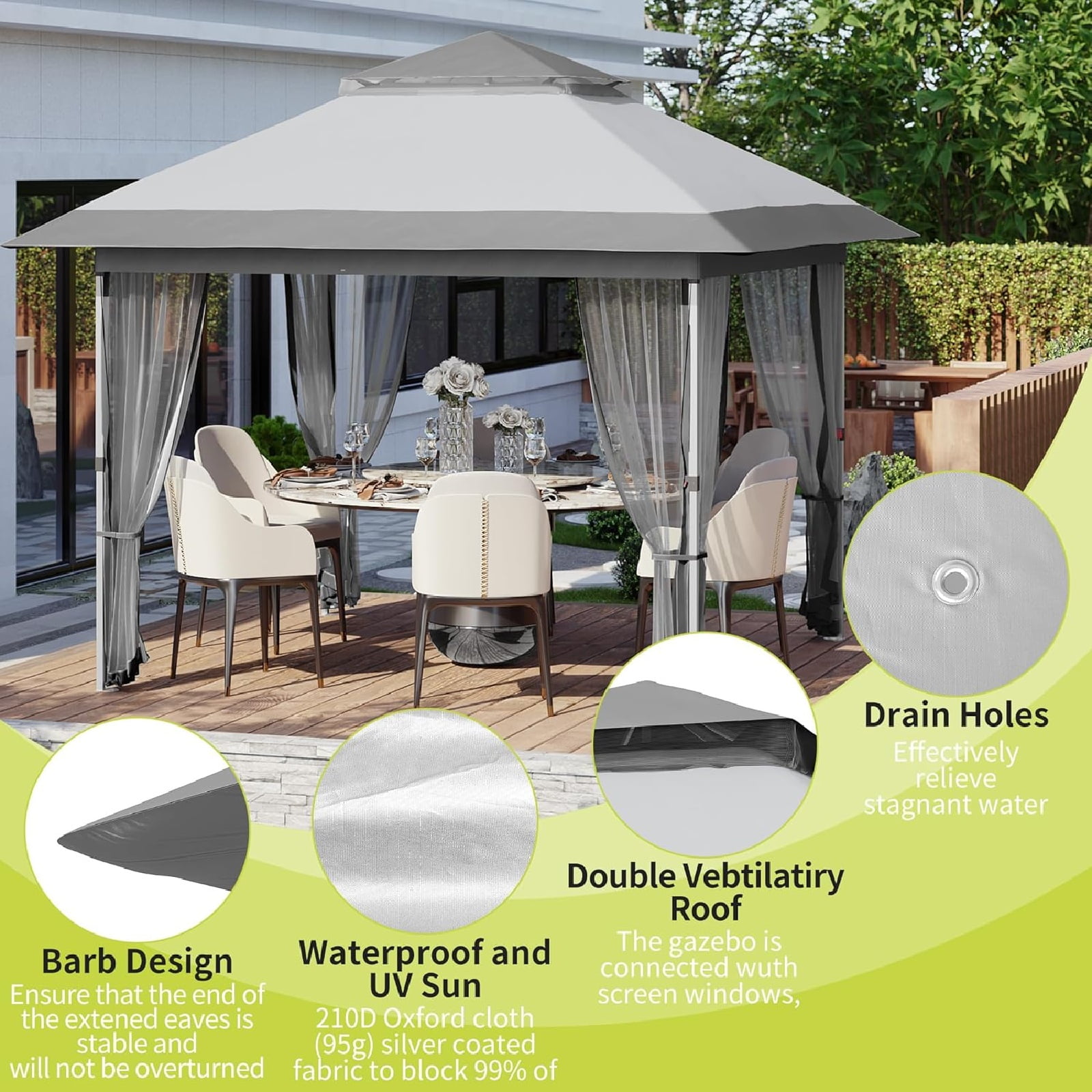 Pop Up 10'x10' Gazebo Outdoor Canopy Tent with Mosquito Netting, Pop Up Canopy Tent with Curtains/Adjustable Height/Wheeled Carry Bag for Patio Garden Backyard Lawn