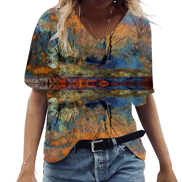 ICHUANYI Clearance Women's Fashion Casual Plus Size Scenic Flowers Printing V-Neck T-Shirt Tops(Orange, XL) ICHUANYI WER2023081011146