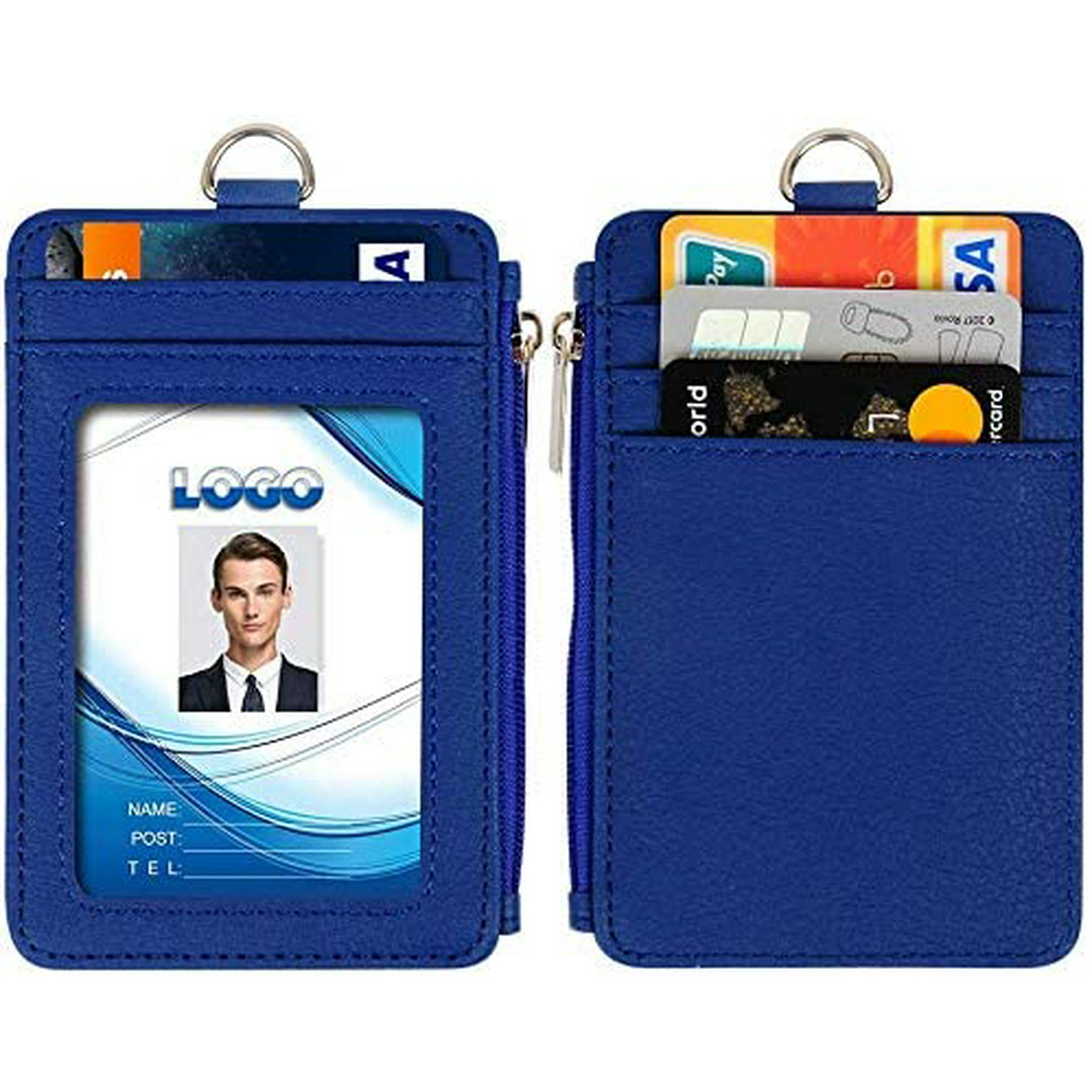 Arae Card Holder PU Leather ID Badge Holder with Vertical Clear ID Card  Window, 3 Card Slot, Resealable Zip Pocket and Nylon Neck Lanyard - 1 Pack