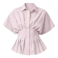 thumbnail image 4 of Women's Striped Blouse Peplum Hem Dressy Shirt Collared Short Sleeve Button Down Waist Fitted Business Casual Tops office Outfit Pink, 4 of 5