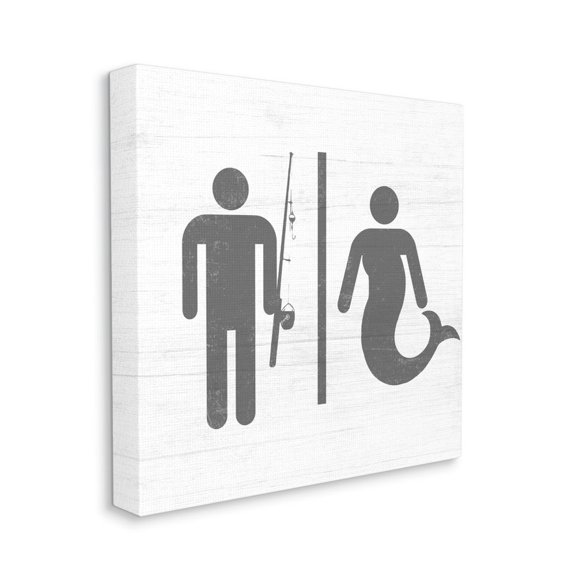 Rustic Fisherman or Mermaid Bathroom Sign Grey White Typography Gallery-Wrapped Canvas Print Wall Art, 17x17