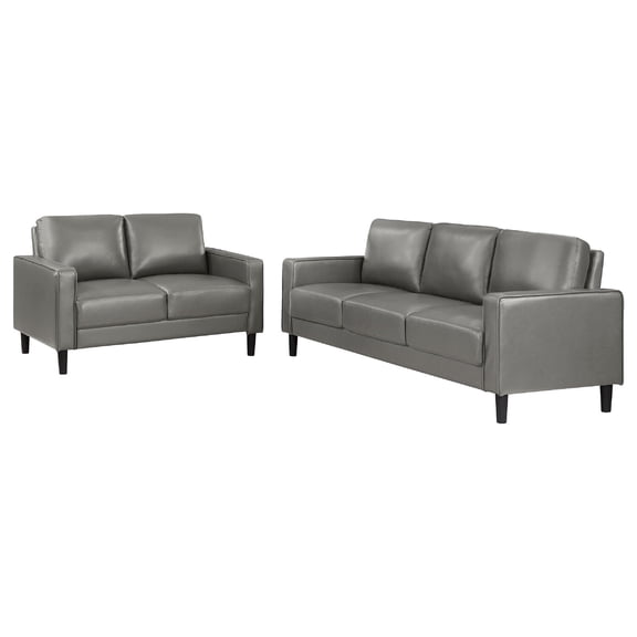 Rumi 2pc Sofa and Loveseat Set- Modern Track Arms- Gray Faux Leather