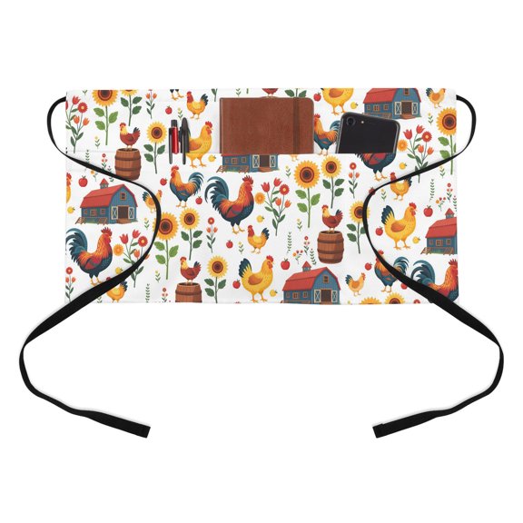 Farm Rooster Kitchen Restaurant Half Waist Apron, Country Red Farmhouse Yellow Chicken Sunflower Flower Server Short Apron with 3 Pockets Waterproof Oil Waist Aprons for Women Waitress Waiter