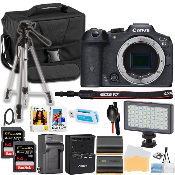 Canon EOS R7 Mirrorless Camera Body Only   64GB Memory Card   LED Light   50 Inch Tripod   More (18pc Bundle) (International Version)