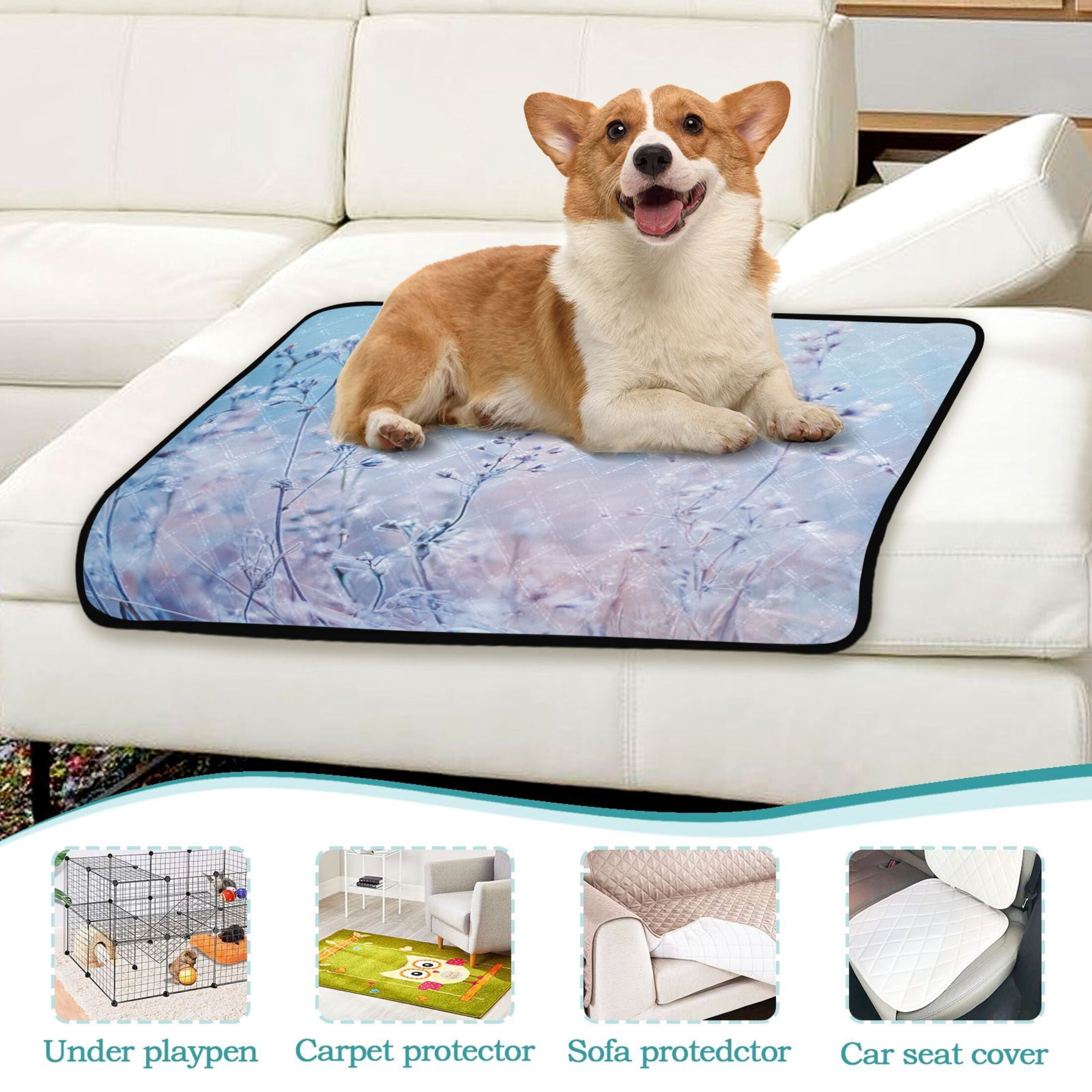 Washable Pet Pee Pads with Super Absorbent Reusable Training Pads for Dogs & Cats Pastel Blue Wildflowers