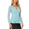 thumbnail image 4 of INSPIRE CHIC Women's Top Lace Keyhole Front Peplum Hem Sheer Long Sleeve Blouse XS Gray Blue, 4 of 6
