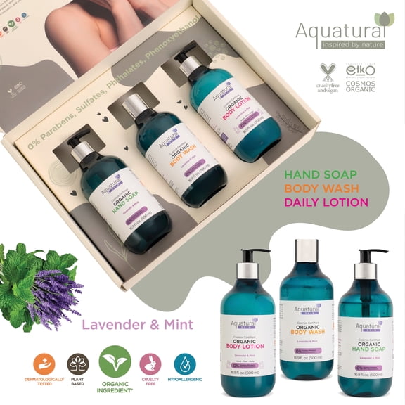 Aquatural Organic Body Care Gift Set, Lavender and Mint, 3 Piece, 16.9 fl oz Each