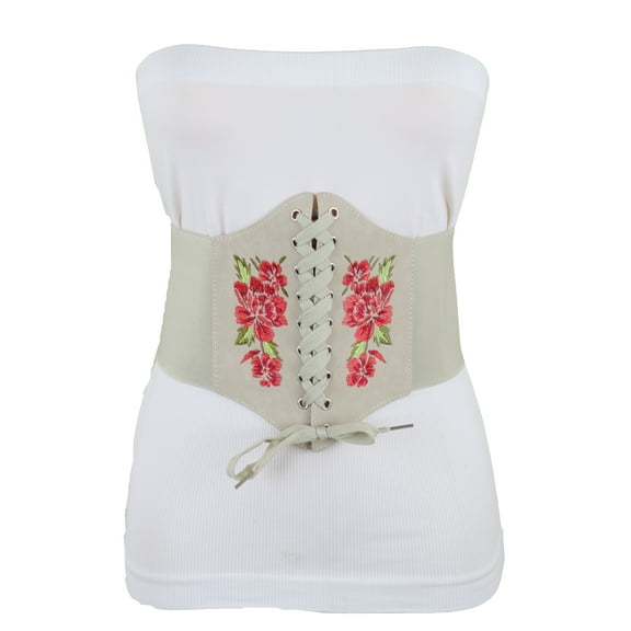Women Wide Elastic Beige Corset High Waist Belt Flowers S M