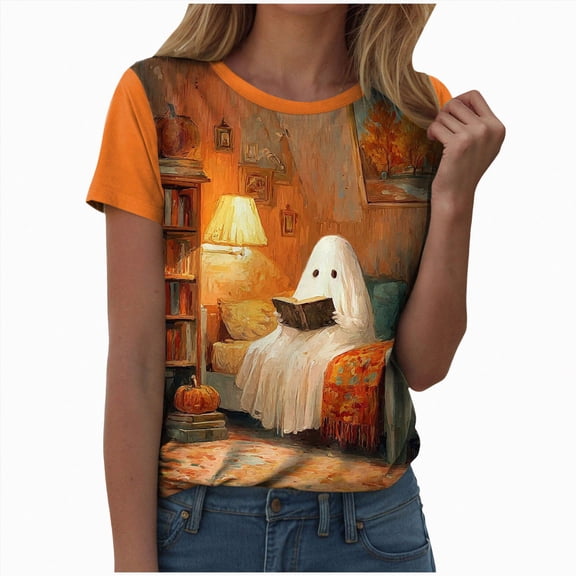 TOWED22 Halloween Shirts for Women T Shirt Holiday Ghost Graphic Crewneck Short Sleeve Tee Tops(Orange,M)