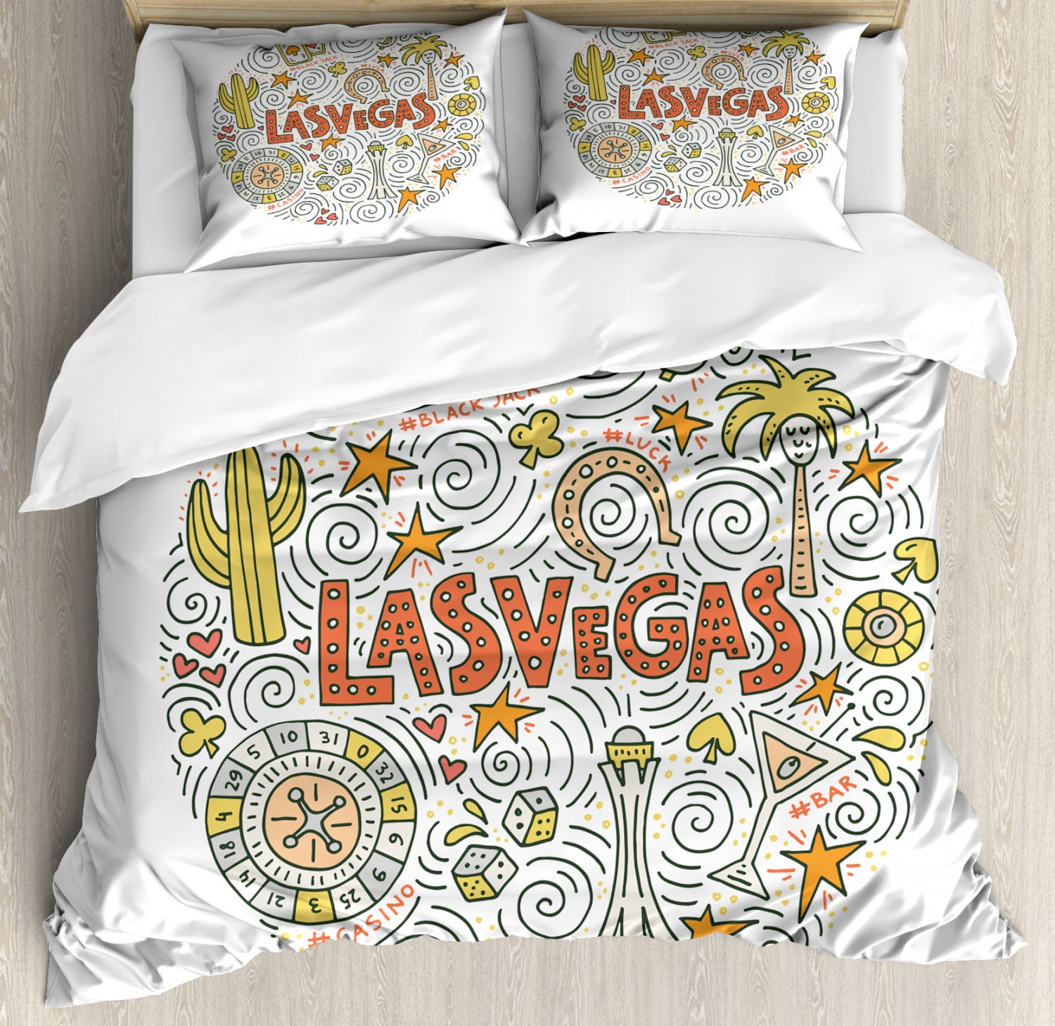 Las Vegas Duvet Cover Set Queen Size, Doodle Composition with Casino