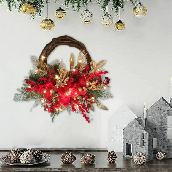 Christmas Wreath with Lights, Christmas Decoration - Luminous Christmas Wreath Rattan Door Hanging Half Tree Christmas Window Decoration Rattan Door Hanging