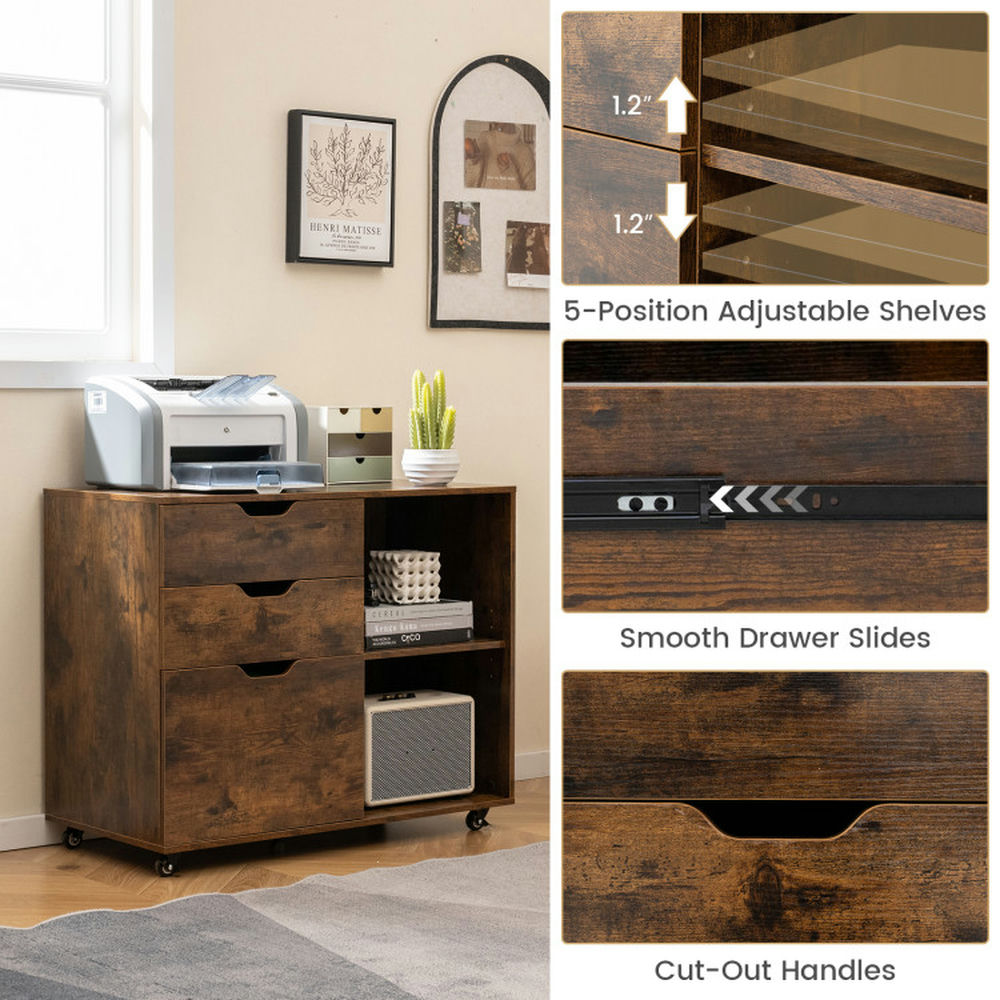 Barara King File Cabinet, File Stroage Organizer,3-Drawer File Cabinet with Adjustable Shelf and Wheels for Letter-Rustic Brown