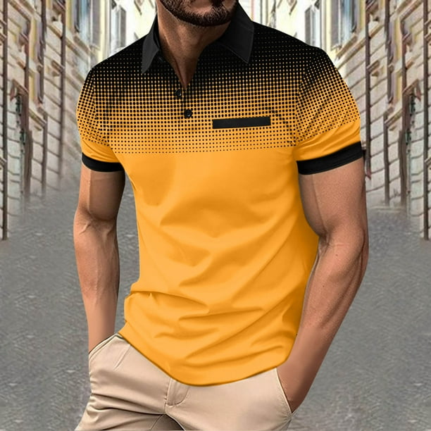 Blusa y camisa de manga corta con cuello vuelto para hombre, con solapa degradada de lunares y botones, deportiva, de poliéster