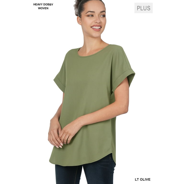 Zenana Plus Size Round Neck Heavy Woven Boat Neck Rolled Short Sleeve –