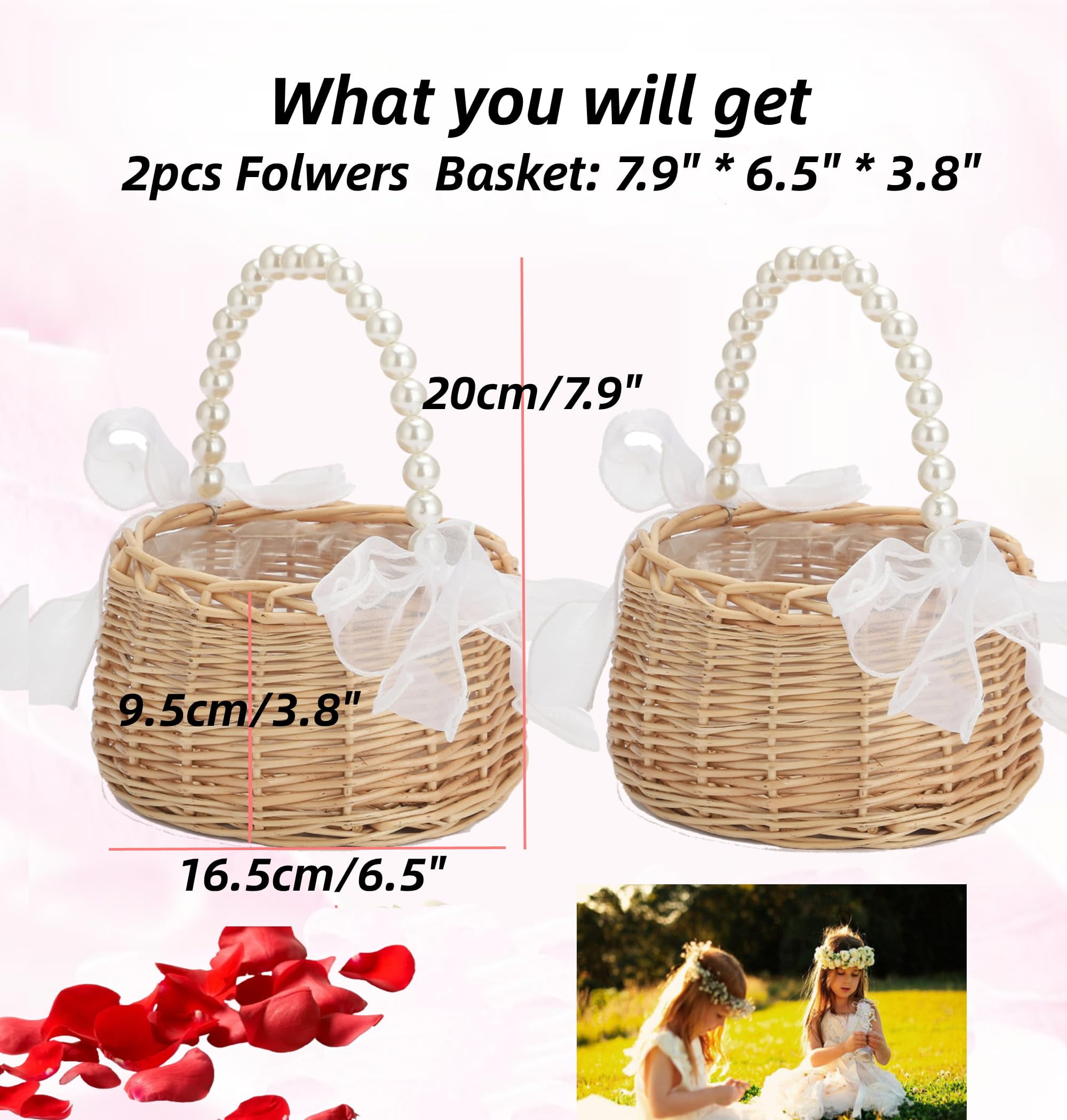 2Pcs Flower Girl Basket, Wedding Flower Girl Basket with Pearl Handle and Bows Fairy Flower Basket Rattan Basket for Weddings Bridal Anniversary Party Decor
