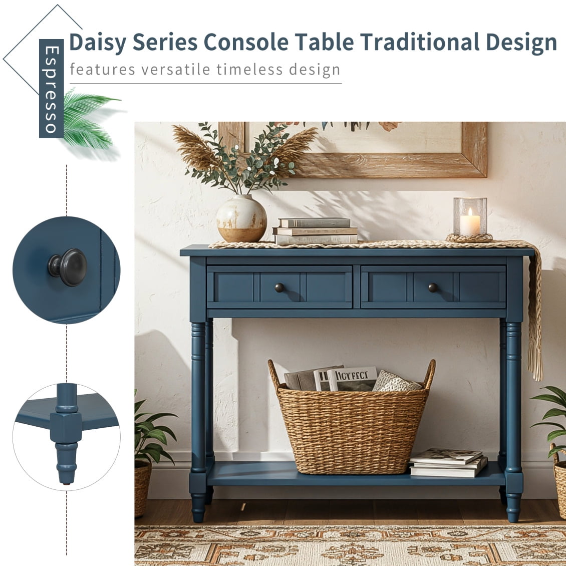 35" Console Table with 2 Drawers, Farmhouse Solid Wood Sofa Table Behind Couch, Entryway Hallway Foyer Tables with Open Shelf for Living Room, Dark Navy