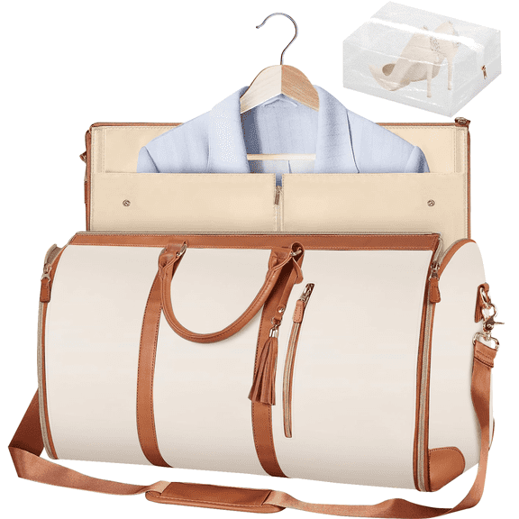 Convertible Garment Bag for Travel - Carry On Garment Bags With Shoes Bag, Foldable Large Weekender Bag for Men Women 2 in 1 Hanging Suitcase Suit Duffel Overnight Bags 2pcs Set, Off-White