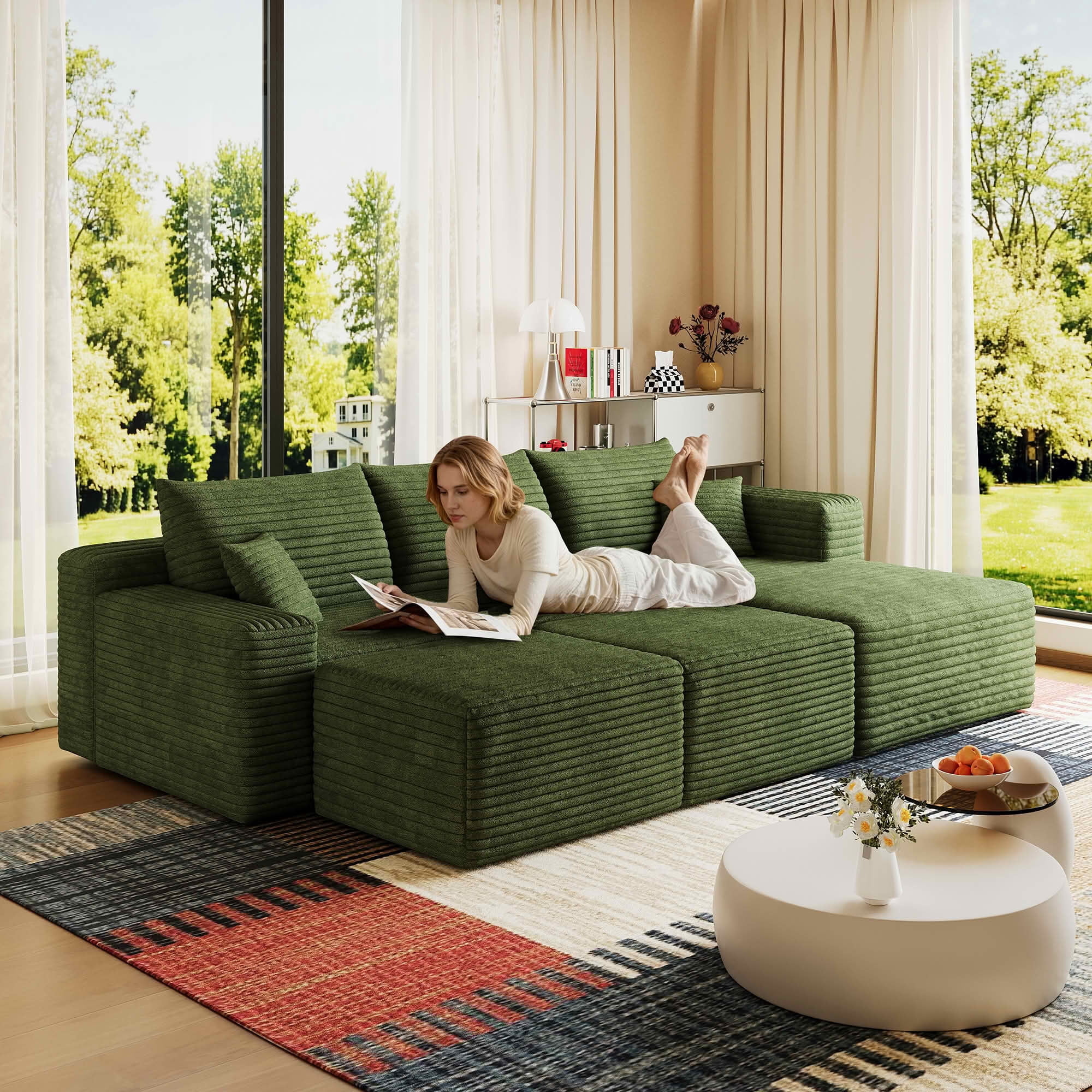 MAYEERTY 95 Inch U‑Shaped Cloud Sectional Sofa with 2 Ottomans, Modern Deep‑Seat Corner Couch, Plush Corduroy Reversible Sofa, No‑Assembly for Living Room Bedroom Apartment