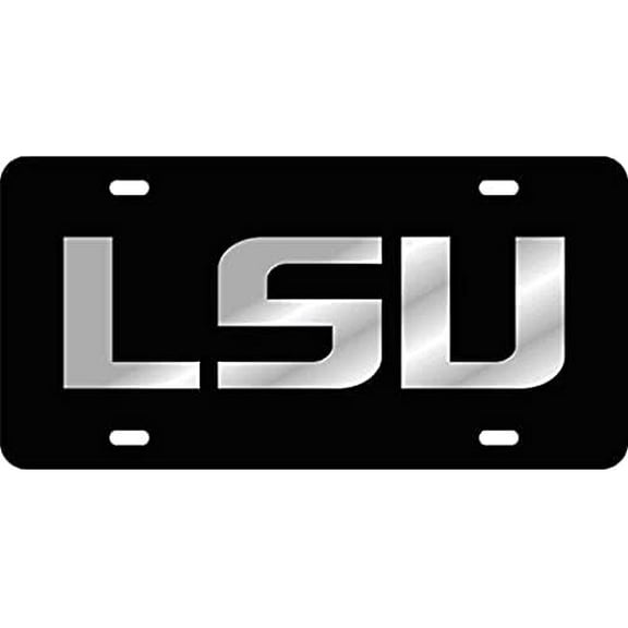 Black License Plate Frame Silver Mirror Inlays (LSU, Louisiana State)