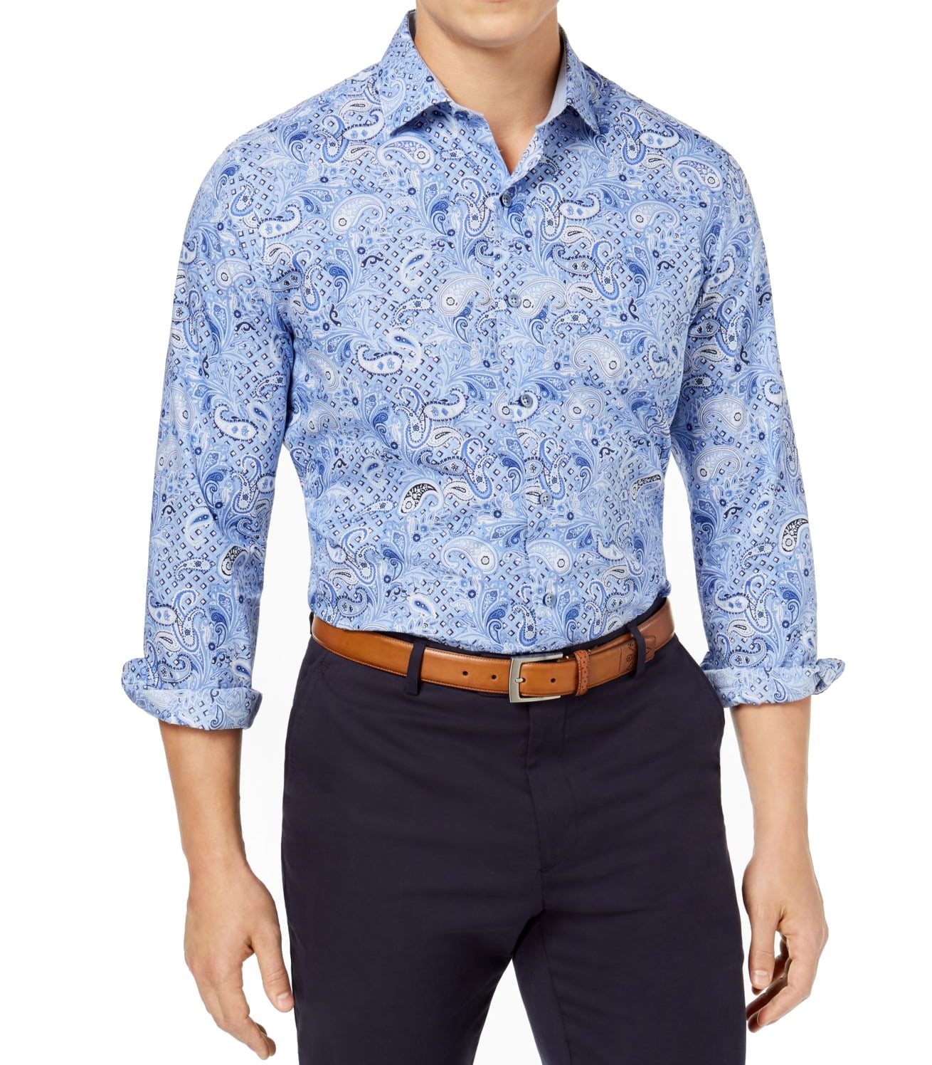 Tasso Elba Mens Paisley Print Button Down Shirt Blues