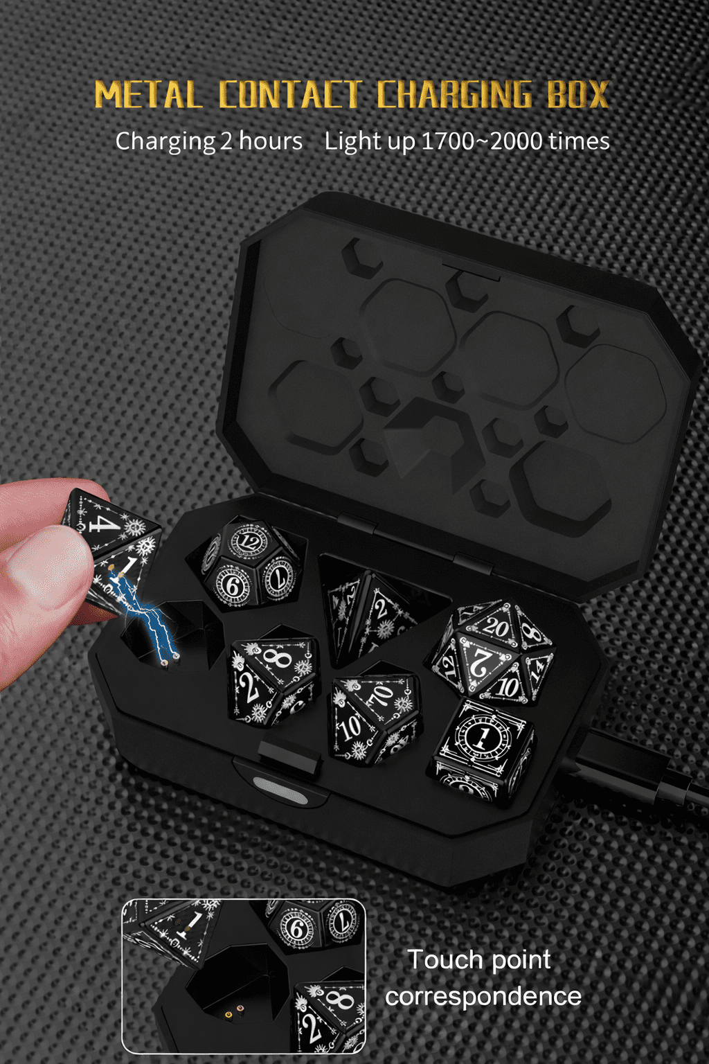 7-Piece LED Light Up Dice Set with Charging Case, Rechargeable Polyhedral Dice for Tabletop RPG, D4 D6 D8 D10 D12 D20
