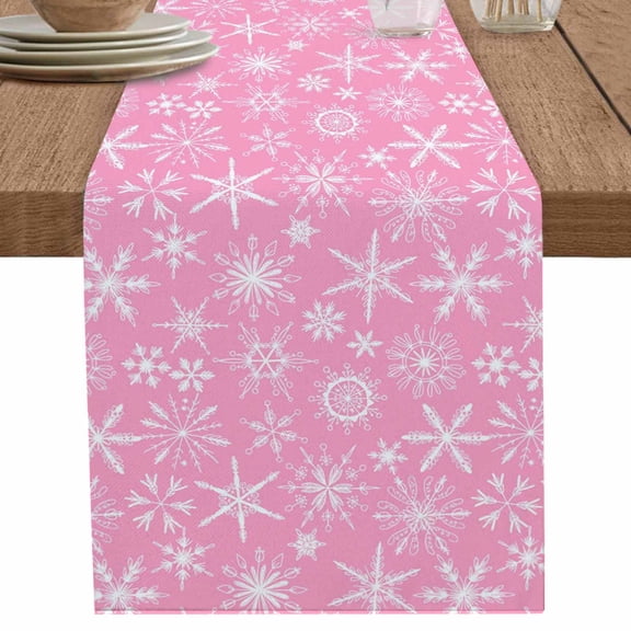 nqOlkjepod Pink Christmas Table Runner 72 Inches Long Farmhouse Dress Scarves, Modern Winter Xmas White Snowflakes Dining Tablerunner for Coffee Table/Kitchen Island/Party Décor, 13" x 72"