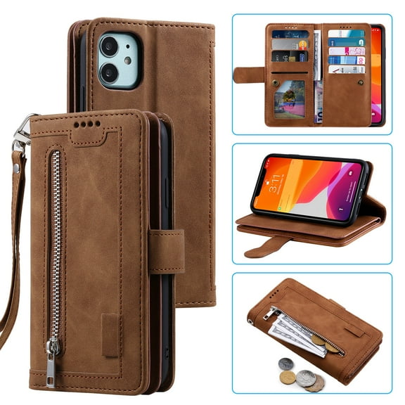 Dteck 9 Card Slots Wallet Case for Apple iPhone 12 mini 5.4-inch,Hybrid Magnetic PU Leather Zipper Kicstand Shockproof Rubber Full Protector Cover with Strap,Brown