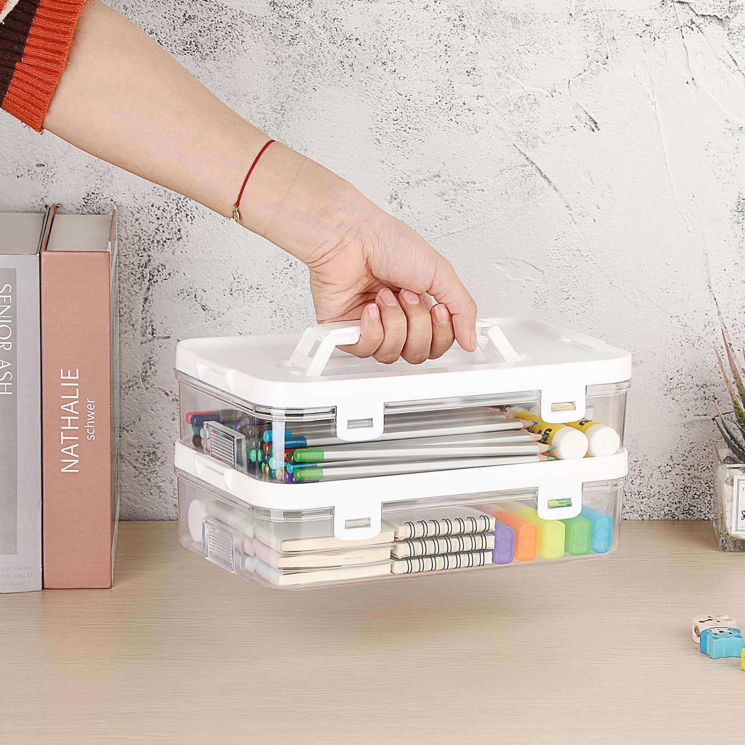Clear Plastic Storage Container with Lid & Handle, Multipurpose Craft Organizers and Storage Box, Easy Carry & Stack Flat Storage Box for Pencils Markers Crayons Sticky Notes, 1 Pack