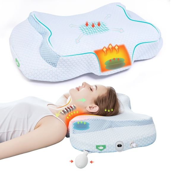 WSBArt Heating Air Bag Adjustable Height Cervical Memory Foam Pillow, Odorless Neck Pillows for Pain Relief, Orthopedic Contour Pillows for Sleeping, Ergonomic Pillow for Side, Back,Sleepers(Blue)