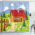thumbnail image 1 of Log Cabin Shower Curtain, Chalet Illustration in Mountainous Landscape During Spring Season, Fabric Bathroom Set with Hooks, 69W X 84L Inches Extra Long, Ceil Blue and Multicolor, by Ambesonne, 1 of 3