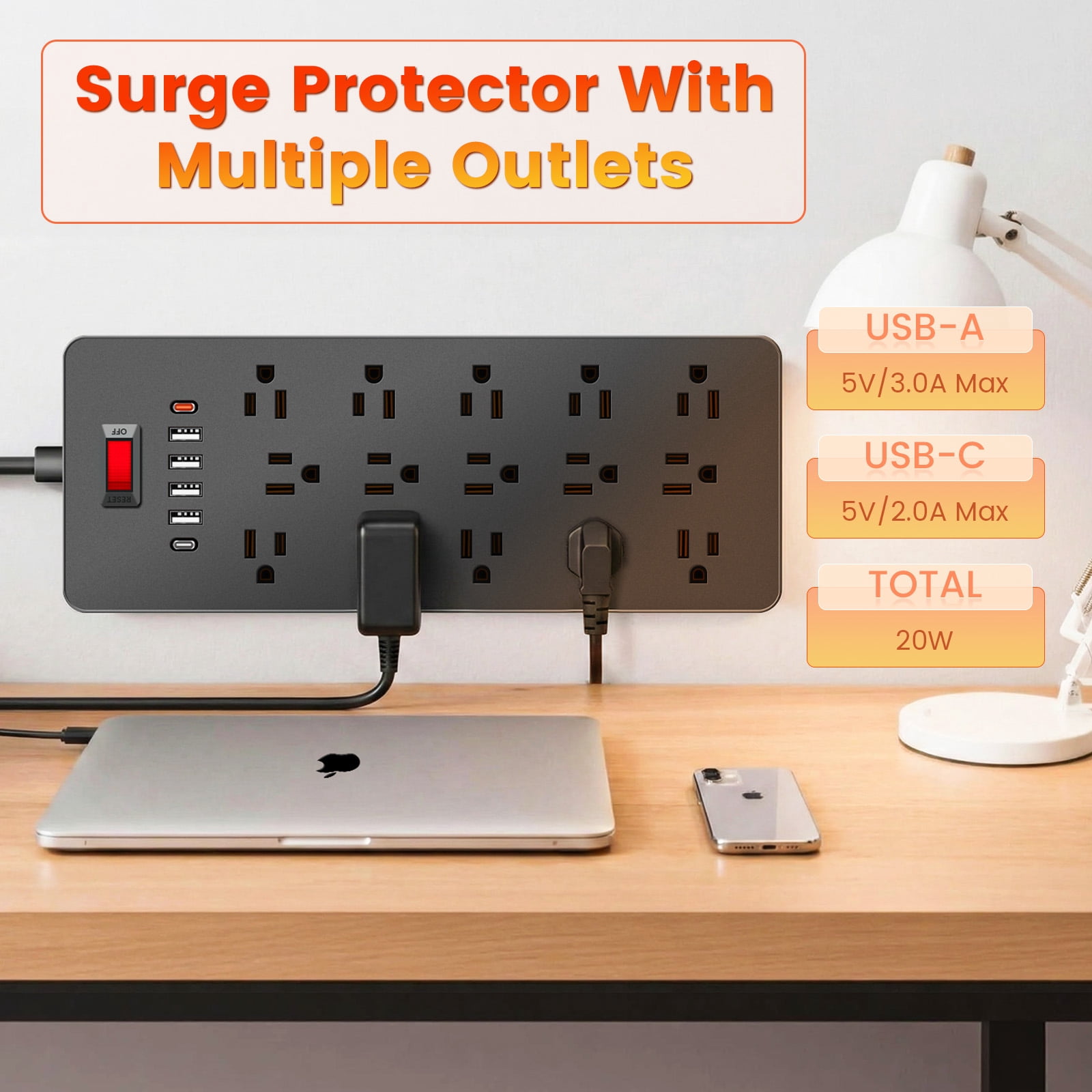 ZHANGONG 25-Outlet Power Strip with 6 USB Ports (2 USB-C) & Flat Plug, 2000J Surge Protector, 15A 1875W, 6.5ft Cord for Home Office Desk Electronics