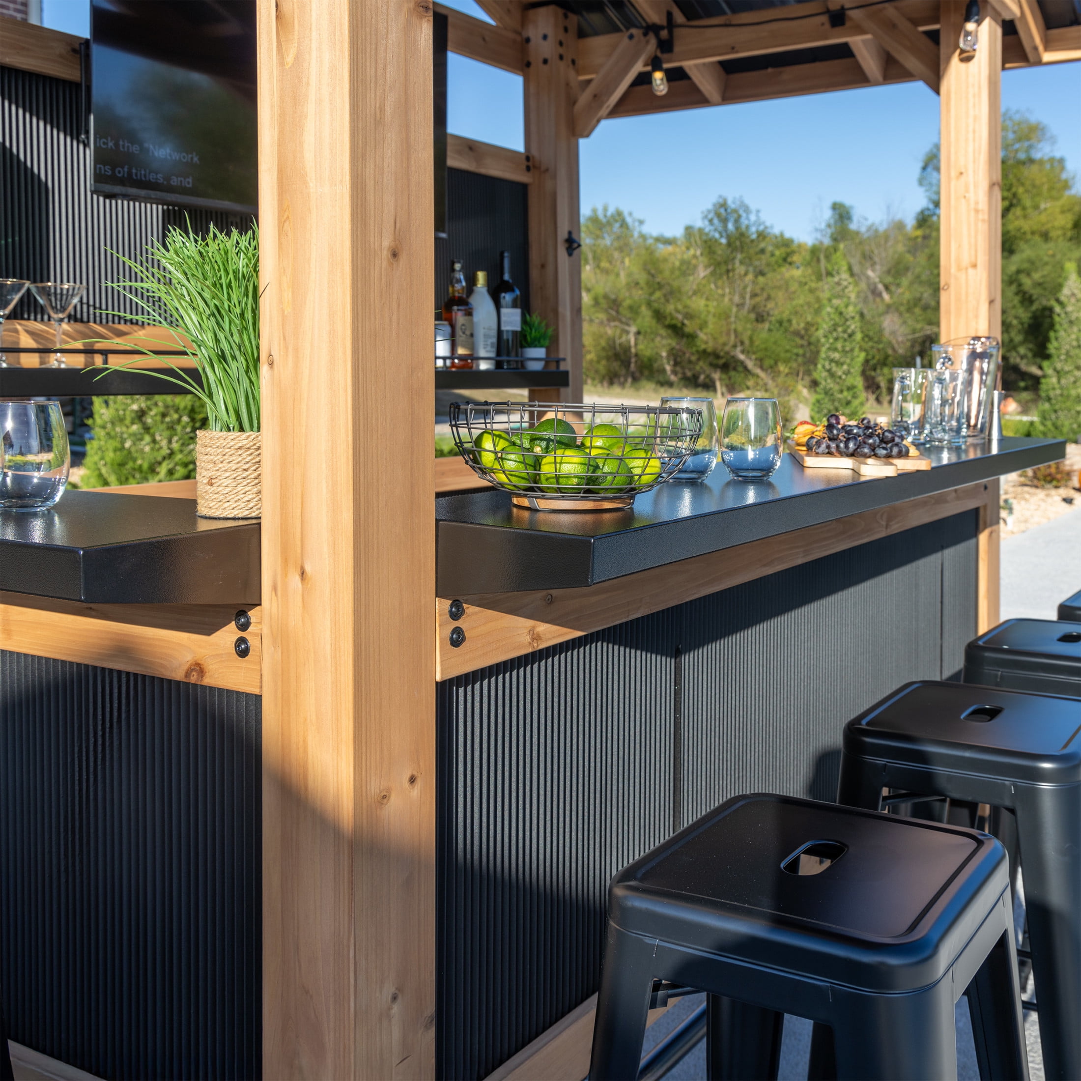 Backyard Discovery Palisade 9'x6' Cedar Wood Outdoor Bar, Galvanized Steel Roof, Bar Tops