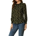 thumbnail image 4 of INSPIRE CHIC Women's Smocked Cuffs Keyhole Back Ruffled Crew Neck Floral Blouse Black S, 4 of 6