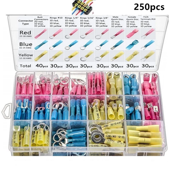 250pcs Heat Shrinks  Wire Connectors Kit Waterproof Marine Automotive Battery Electrical Crimp Terminals Set, Ring Fork Spade Butt Splices  Heat Shrinkable Wire Connectors Kit