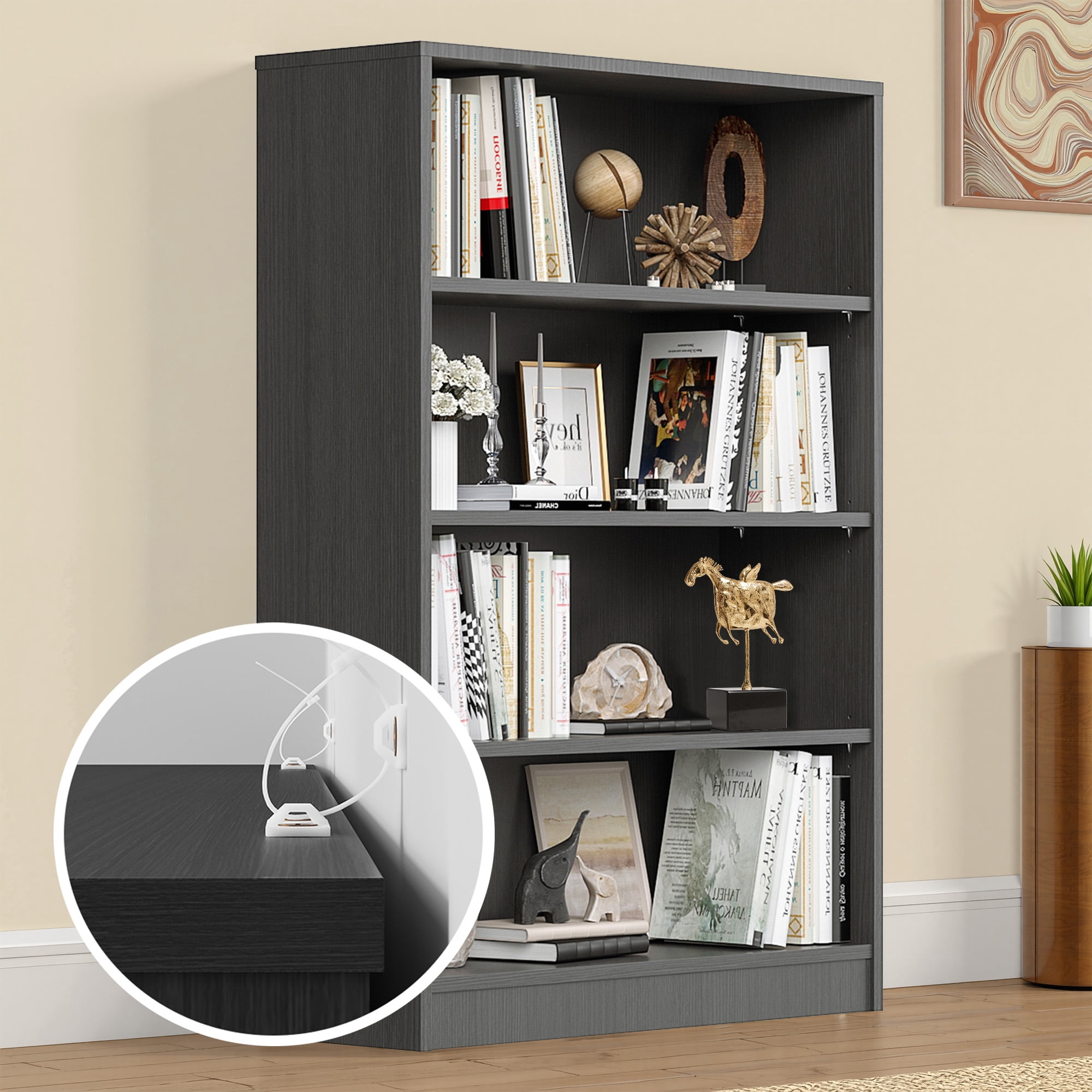 MAYEERTY Gray 4-Shelf Modern Wood Bookcase, 48" Tall, for Bedroom, Living Room, and Manga Library