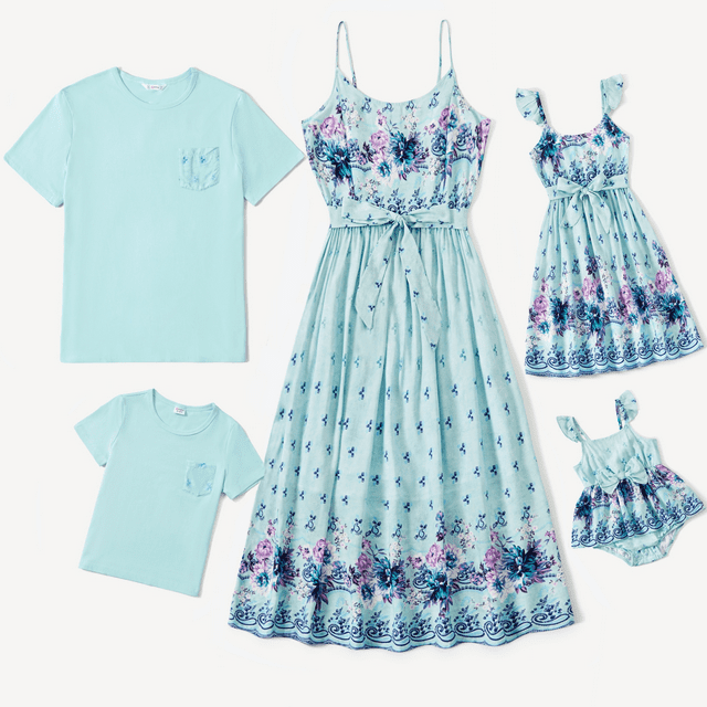 PatPat Family Matching Light Blue Tee and Flowy Floral Shirred Back Belted Strap Dress
