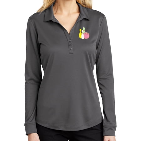 Ladie s Pastel Bowling Pins Long Sleeve Polo Shirt Small Steel Grey