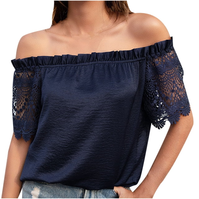 Blusa cómoda de manga corta con un hombro y costuras de encaje sólido para mujer Fridja bn1843