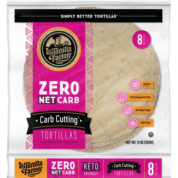 La Tortilla Factory Zero Net Carb Tortillas, Carb Cutting, Keto Friendly, Soft Taco Size, 8 Count, 11 oz – 60 Calorie High Fiber Wraps for Quick Tacos
