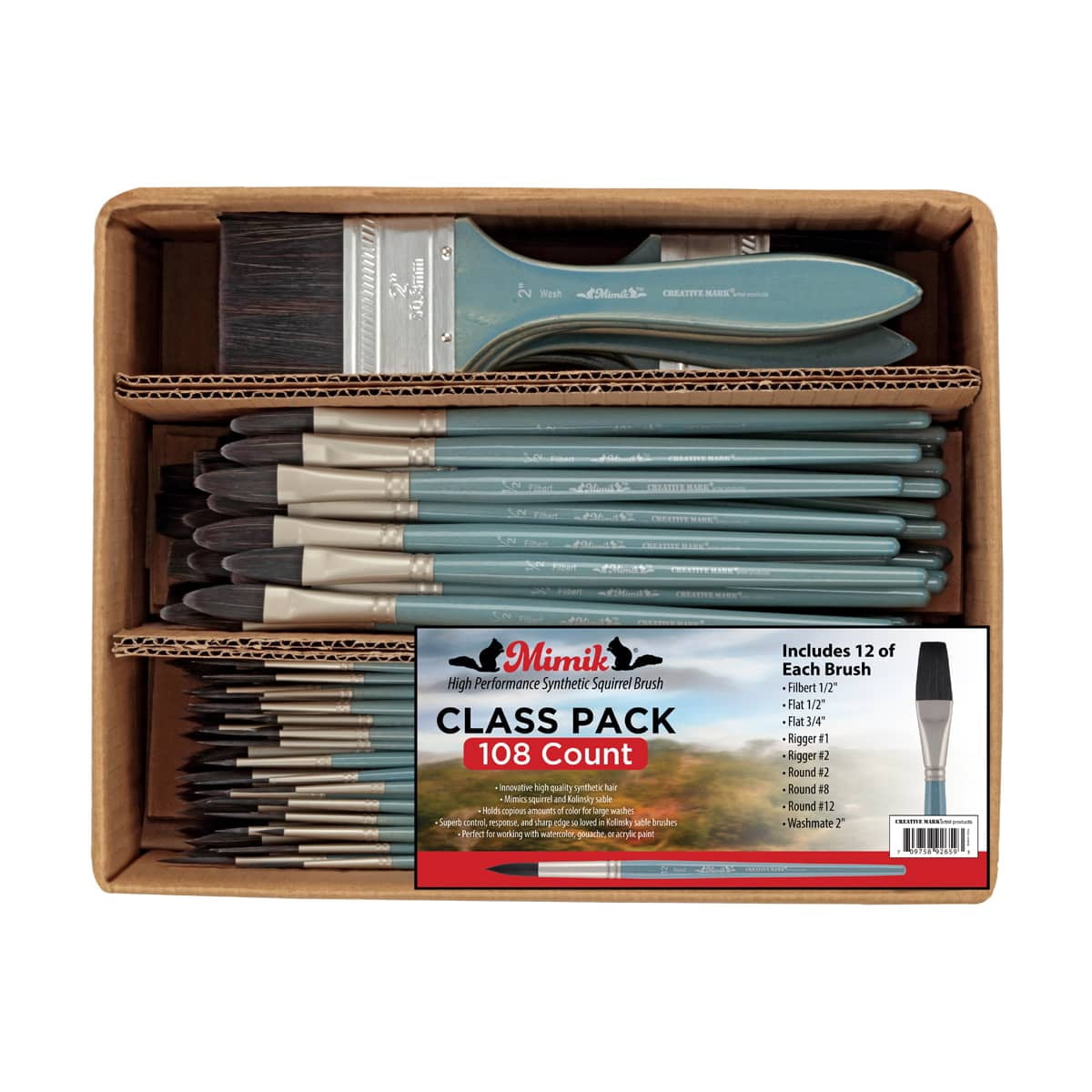 Creative Mark Mimik Professional Watercolor Brushes - Bulk Pack of 108 Assorted Shapes &Sizes - Synthetic Squirrel and Sable Hair - Natural Bristle Artist Brushes for Watercolors, Gouache & Acrylics