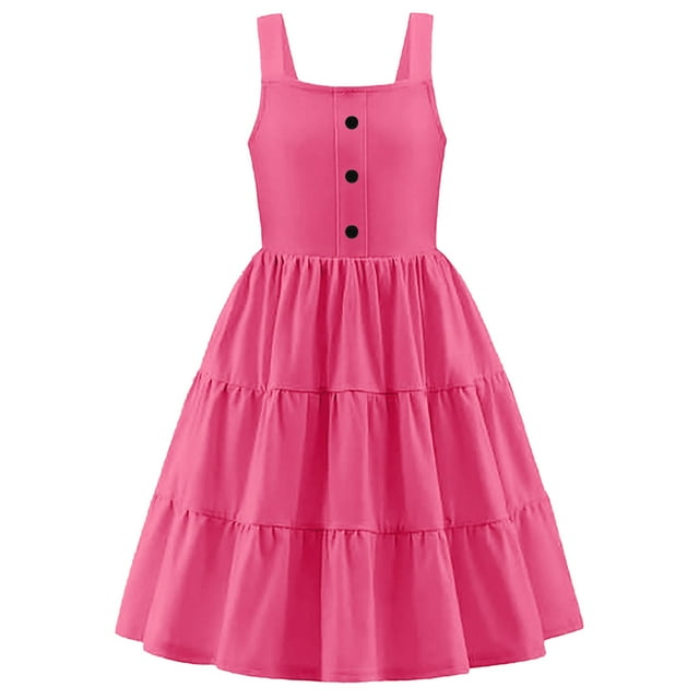 Hinvhai Robe d'Été pour Tout-Petite Fille Liquidation Décontractée Sans Manches Boutonnée Évasée Fluide à Étages Midi Robe Soleil Rouge 9 Ans