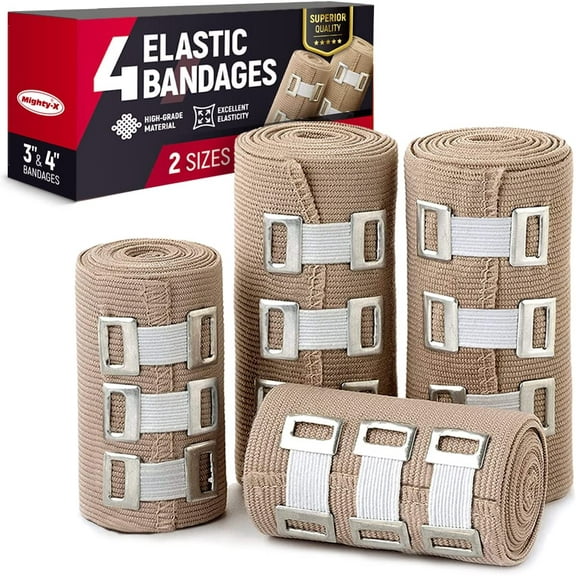 Premium Elastic Bandage Wrap - 4 Pack   12 Extra Clips - Durable Compression Bandage (2X - 3 inch, 2X - 4 inch Rolls) Stretches up to 15ft in Length