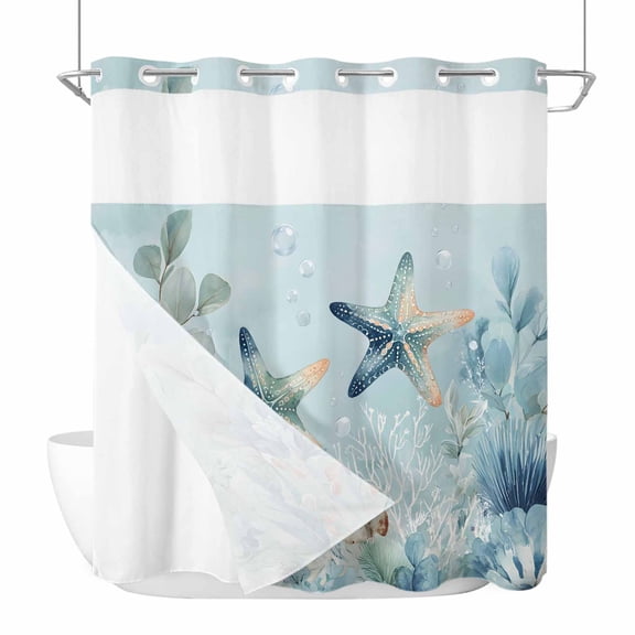 Summer Coastal No Hook Shower Curtain with Snap in Liner Ocean Seaweed Starfish Nautical Coral Eucalyptus Leaves Waterproof Bathroom Shower Curtain with See Through Top Window for Bathtub 72" x 72"