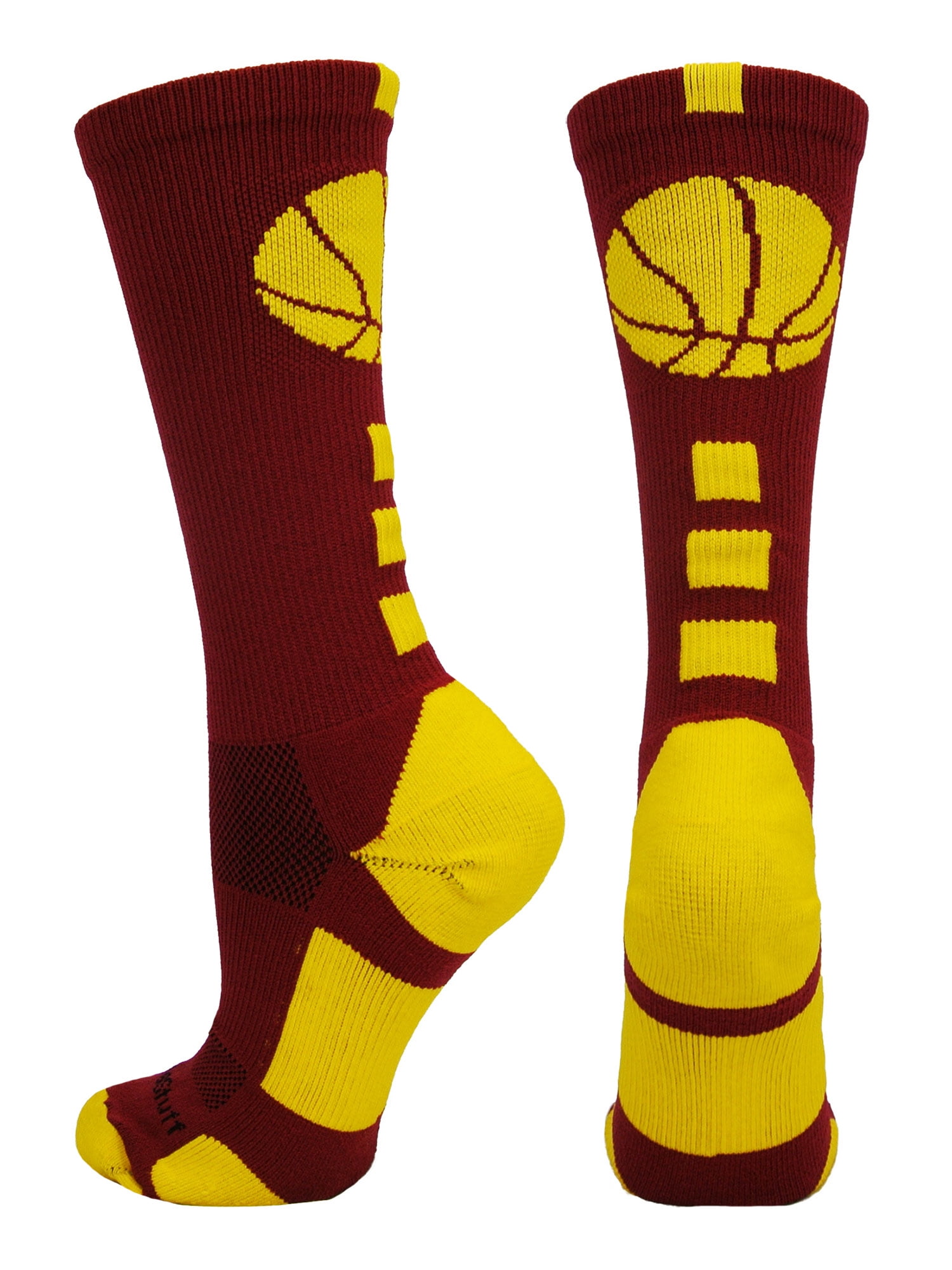 Basketball Socks with Basketball Logo Crew Socks (Cardinal Red/Gold, X