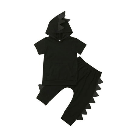 

Canrulo Toddler Baby Boys Dinosaur Clothes Short Sleeve Hoodie T-Shirt Tops + Long Pants Summer Outfits Black 3-4 Years