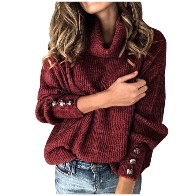 Manteau Chandail pour Femme Ample Léger Long Chandail à Col Roulé Hauts Tricotés avec Détail de Bouton pour Superposition Confortable