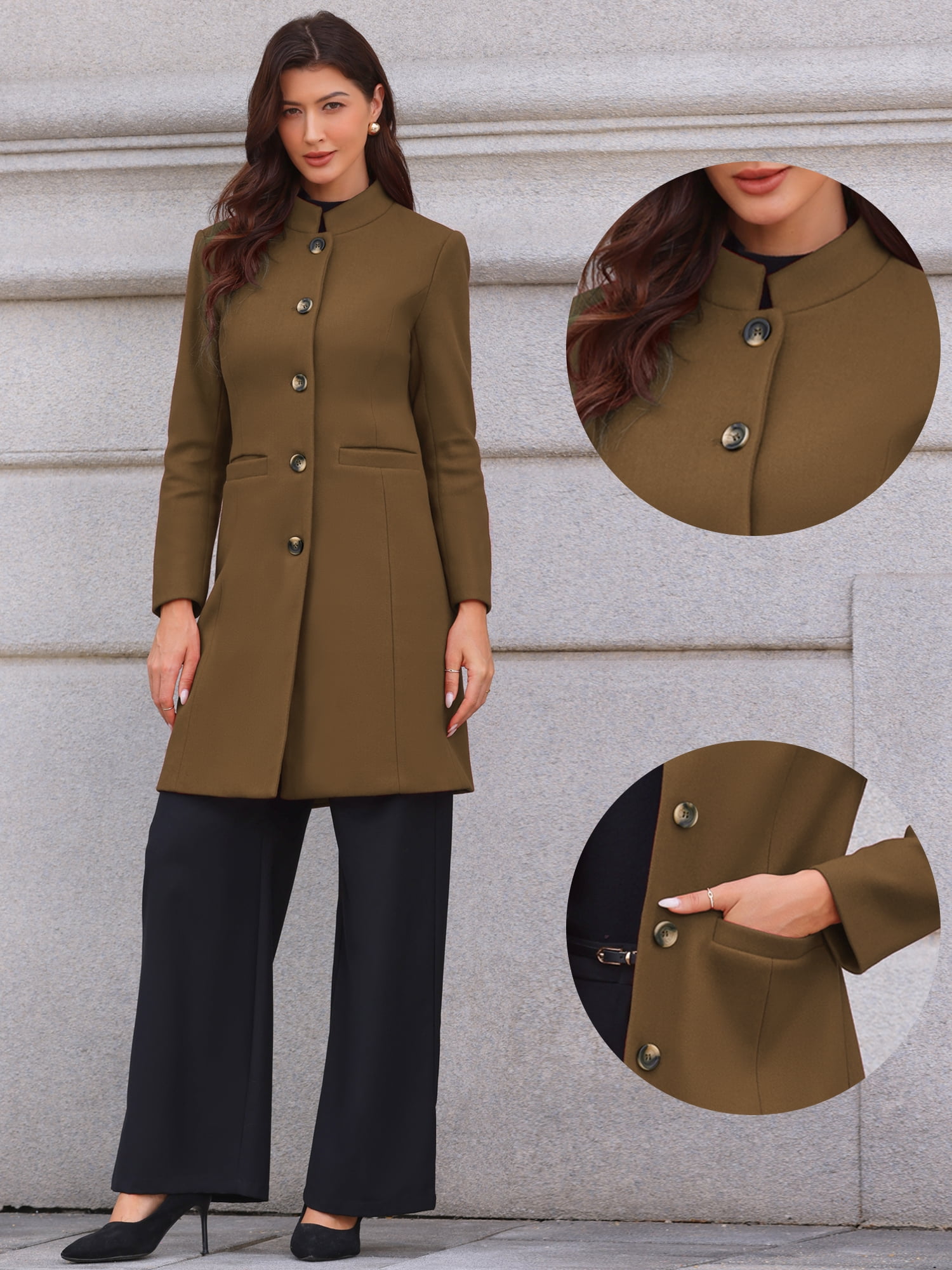 DARING DIVA Women's Stand Collar Mid-Length Overcoat with Pockets XL Brown