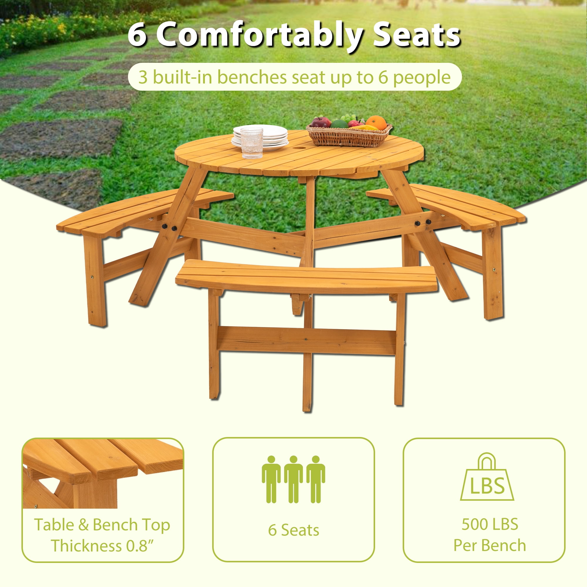 Aukfa 6-Person Outdoor Wood Picnic Table Patio Dining Table w/3 Benches,1720lb Capacity - Natural