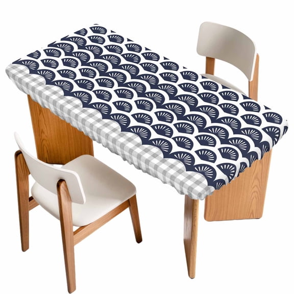 Navy Blue Pine Leaves Table Cloths for 3 Foot Rectangle Tables, Abstract Art Geometric Gray Plaid Patio Waterproof Elastic Fitted Tablecloths, Washable Rectangular Table Cover for Camping